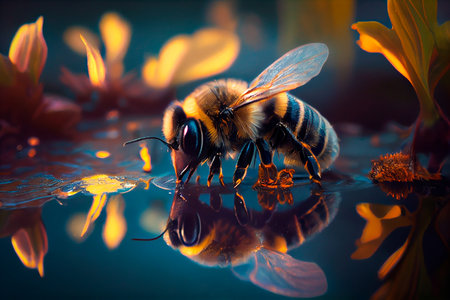 Bee on water, honeybee macro, Generative AIの素材