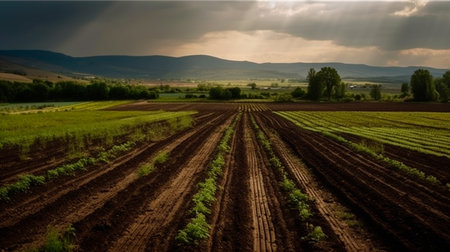 Beautiful landscape of farm fields. Cultivation of crops, production of food and raw materials. Generative AI illustratorの素材