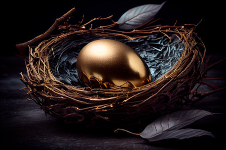Beautiful shiny golden egg in bird nest on dark shale background. The golden egg in the nest. Generative AIの素材