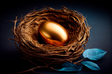 Beautiful shiny golden egg in bird nest on dark shale background. The golden egg in the nest. Generative AIの素材