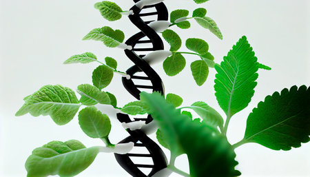 Biology laboratory nature and science, plant and environmental study, DNA, gene therapy, and plants with biochemistry structures on white backgrounds. Generative Ai technologyの素材