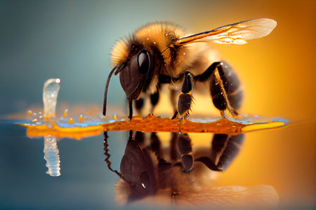 Bee on water, honeybee macro, Generative AIの素材
