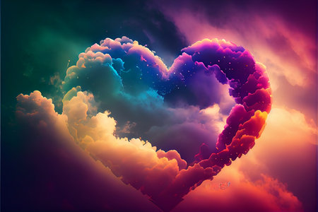 Beautiful colorful valentine day heart in the clouds as abstract background, made with generative aiの素材
