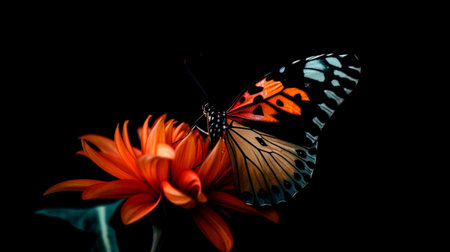 Beautiful butterfly on a flower on a black background. Generative AI illustratorの素材
