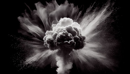 Smoke explodes on a dark black background, empty space in the center, fog effect. Generative Aの素材