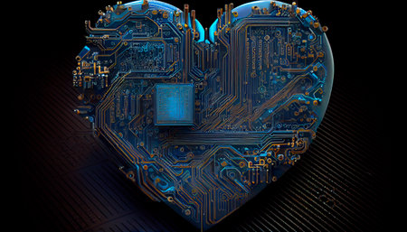 Blue heart shaped as computer circuit board. Generative AIの素材