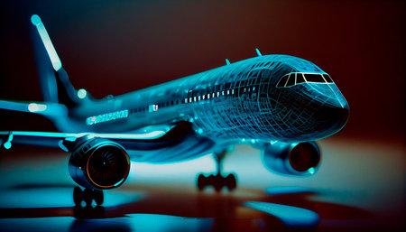Blue digital airplane data made by. Generative AIの素材