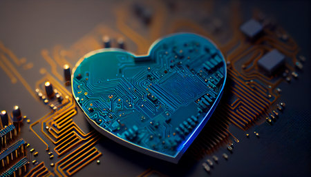 Blue heart shaped as computer circuit board. Generative AIの素材