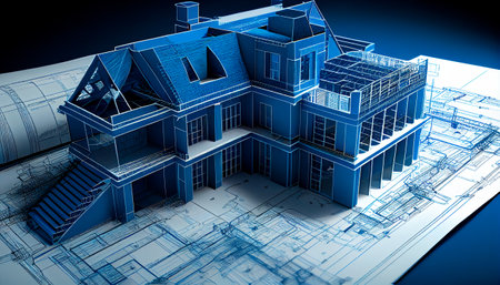 Blueprint designs and a home model for a construction project. Background in real estate, housing project building, and engineering design. plans for residential construction. Generative AIの素材