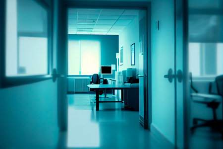 Blurry medical office background, interior in blue and white. Generative aiの素材