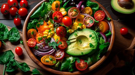 Bright and colorful mixed salad bowl filled with leafy greens, ripe cherry tomatoes, and creamy avocado slices. Generative AI illustrationの素材
