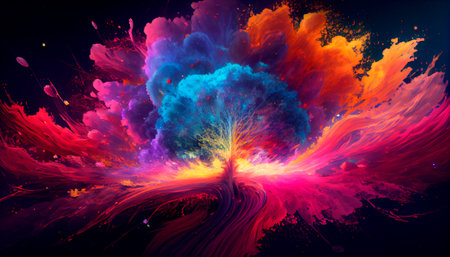 Burst of vibrant colors representing the magic and wonder that exist in world waiting to be discovered and experienced, concept of Awe-Inspiring and Joyful. Generative AI technologyの素材