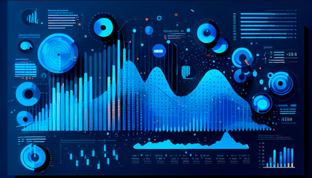 Business data analysis and analytics of customers insights with charts abstract blue background Vector illustration, generative aiの素材