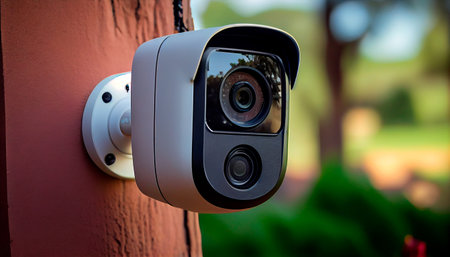 CCTV surveillance security camera equipment in a tower home and house building mounted on a wall for outside safety system. Generative AI illustrationの素材
