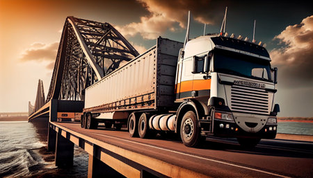 Cargo truck with container driving on the bridge. Semi-Truck with Cargo Trailer. Generative Ai technologyの素材