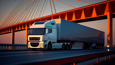 Cargo truck with container driving on the bridge. Semi-Truck with Cargo Trailer. Generative Ai technologyの素材