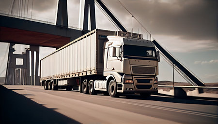 Cargo truck with container driving on the bridge. Semi-Truck with Cargo Trailer. Generative Ai technologyの素材