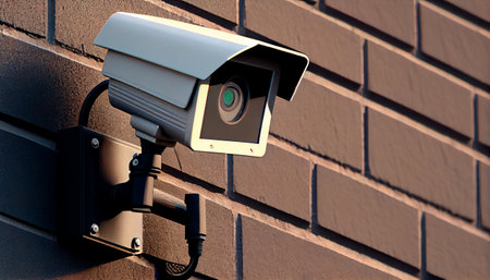 CCTV surveillance security camera equipment in a tower home and house building mounted on a wall for outside safety system. Generative AI illustrationの素材
