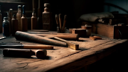 Carpentry background, carpenter works, tools over a wooden table. Generative AI illustratorの素材