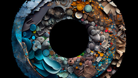 Circular collage of recycled materials. Generative AI illustrationの素材
