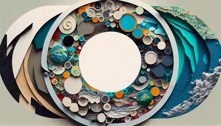 Circular collage of recycled materials. Generative AI illustrationの素材