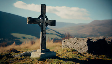 Christian catholic cross on the hills. Generative AIの素材