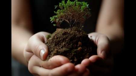 Close up of a woman's hand holding a clump of earth with small tree. Generative AI illustratorの素材
