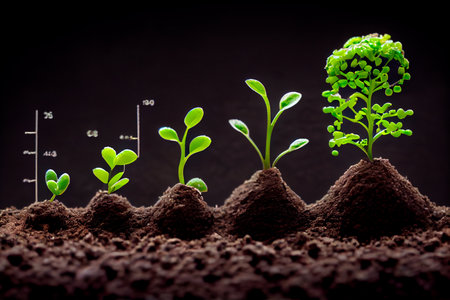 Close up of tiny green seedlings sprouting in the ground forming a graph with different stages of growth. Generative AIの素材