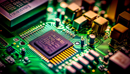 Close up of an electrical circuit board with a CPU, a microchip, and other electronic components in the background. Generative AIの素材