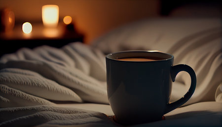 Close up hot coffee cup against the bed at night time. Generative AIの素材