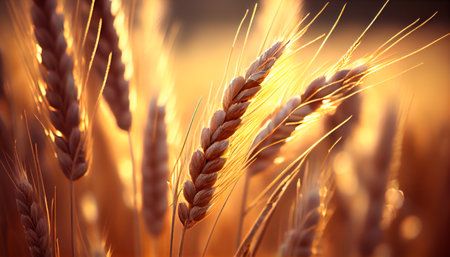 Closeup ears of golden wheat in wheat meadow with shiny light and blue sky background. Generative AIの素材