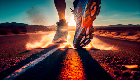 Close up on shoe, Runner athlete feet running on road under sunlight in the morning. Generative AIの素材