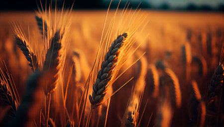 Closeup ears of golden wheat in wheat meadow with shiny light and blue sky background, illustration created by generative AI.の素材