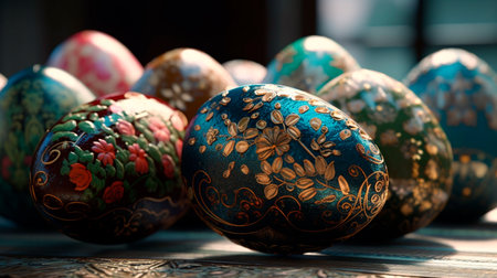 Close-Up of Easter Eggs with Stunningly Detailed Floral Patterns. Generative AI illustratorの素材