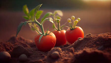 Closeup of ripe tomatoes growing on soil. Generative AI technologyの素材