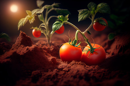 Closeup of ripe tomatoes growing on soil. Generative AIの素材