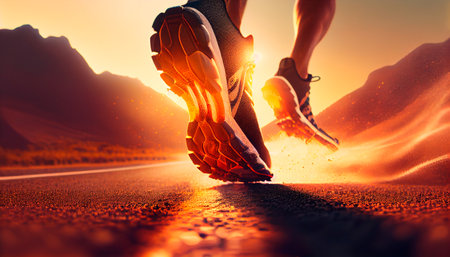 Close up on shoe, Runner athlete feet running on road under sunlight in the morning. Generative AIの素材