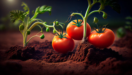 Closeup of ripe tomatoes growing on soil. Generative AI technologyの素材