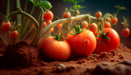 Closeup of ripe tomatoes growing on soil. Generative AI technologyの素材