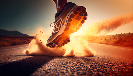 Close up on shoe, Runner athlete feet running on road under sunlight in the morning. Generative AIの素材