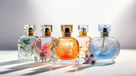 Collection of transparent multi color glass floral perfume bottles on a light simple background. Art composition still life. Stylish perfume banner. Generative AI illustratorの素材