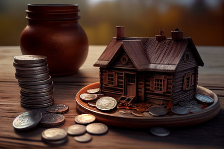There are coins and a house on the table. Generative AIの素材
