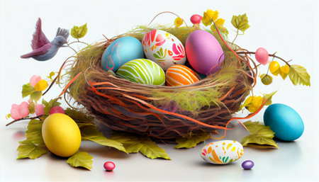 Colorful easter nest with easter eggs. Generative AIの素材