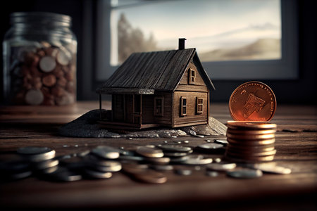 There are coins and a house on the table. Generative AIの素材
