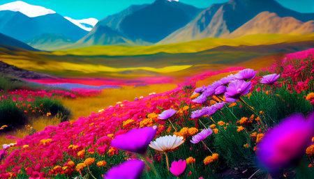 Colorful flower landscape. mountain scenery. Field, Summer, Valentines day. Generative Ai technologyの素材