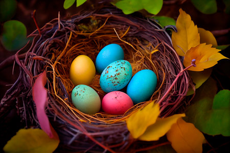 Colorful easter nest with easter eggs. Generative AIの素材