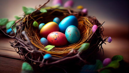 Colorful easter nest with easter eggs. Generative AIの素材