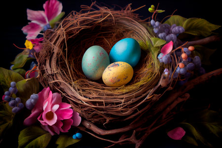 Colorful easter nest with easter eggs. Generative AIの素材