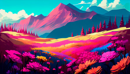 Colorful flower landscape. mountain scenery. Field, Summer, Valentines day. Generative Ai technologyの素材