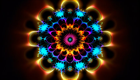 Colorful neon gradient fractal mandala shapes as wallpaper background. Generative AI Illustrationの素材